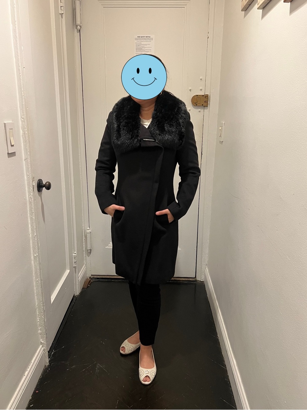 Lauren Ralph Lauren Black Wool Pea Coat with Faux Fur Collar